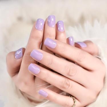 Imagem de Unhas de gel macias brilhantes roxas claras unhas postiças quadradas curtas unhas postiças acrílicas dicas de arte de unhas falsas kits de manicure