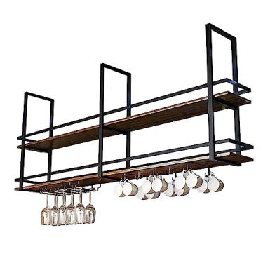 Imagem de Rack de vinho suspenso industrial, prateleira de garrafa de vinho de madeira de 2 camadas com suporte para taças, rack de vidro de vinho rack de exibição multifuncional para armazenamento de vinho