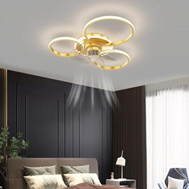 Imagem de Luminária de teto com ventilador e iluminação LED moderna e silenciosa com controle remoto e timer para sala de estar, quarto e sala de jantar (dourada, 3 anéis (60 cm)).
