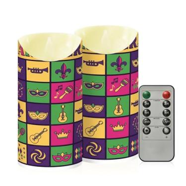 Imagem de Wassud Pacote com 2 velas sem chamas elemento Mardi Gras com controle remoto, velas realistas cintilantes com temporizador, velas decorativas para Natal, casamento, festa, decoração de casa média