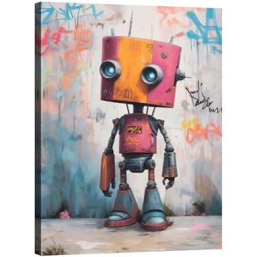 Imagem de Halioyo Arte de parede de robô fofo, arte de parede de robô graffiti colorido legal pôster de pintura contemporânea urbana engraçada para sala de estar banheiro quarto - 30 x 40 cm