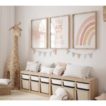 Imagem de Arte de parede arco-íris rosa blush 3 peças You Are My Sunshine Pôster Impressão de arco-íris Pintura em tela emoldurada para decoração de casa de fazenda de berçário de meninas com moldura interna