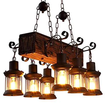 Imagem de Luminária de teto retrô de madeira, estilo vintage, com soquete E27, design antigo e industrial, com foco criativo e cúpula de ferro, ideal para decoração de lofts, bares, salas de estar e c