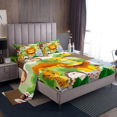 Imagem de Erosebridal Jogo de lençol casal de animais de zoológico, leão, macaco, elefante, tigre, ouriço, girafa, para crianças, meninos e meninas, 4 peças