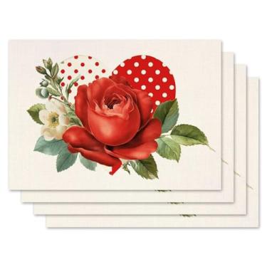 Imagem de Jauageon Jogo americano Happy Valentine's Day, conjunto de 4 tapetes de mesa rosa com coração de bolinhas para decoração de festa e jantar em casa de fazenda, 30 x 45 cm