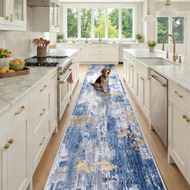 Imagem de RELEANY Tapetes laváveis de 60 cm x 30 cm, antiderrapante, moderno, abstrato, macio para sala de estar, entrada, quarto, berçário, estampa cinza, azul, ouro/dourado