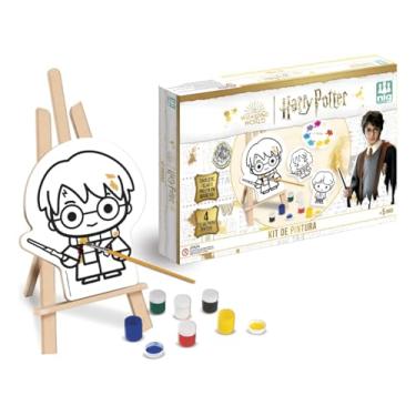 Imagem de Kit Arte Pintura Para Colorir Infantil Personagem Animado Bruxo 4 Telas + Tintas + Pincel E Cavalete Em Madeira