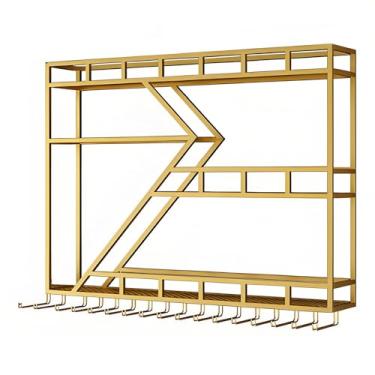 Imagem de Grande rack de vinho de LED montado na parede, prateleira de bar de metal industrial com suporte de vidro, exibição de garrafa de licor flutuante para casa, café, bar - luz amarela dourada, direita 99