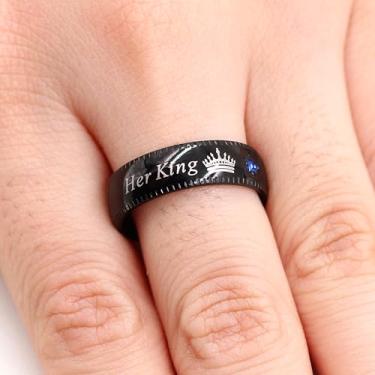 Imagem de Anéis de casal de aço inoxidável ajuste confortável – design His Queen & Her King com zircônia quadrada azul e rosa, alianças de compromisso de casamento estilo coroa para mulheres e homens, 8, Aço