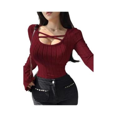 Imagem de Blusa Casual Feminina De Outono Inverno Em Tricô Sólido Com Decote Qua