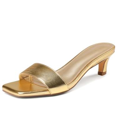 Imagem de Uacllcau Sandálias femininas de salto quadrado, bico aberto, salto gatinho para mulheres, sem cadarço, confortável, salto baixo, sapatos sociais casuais verão, Dourado, 36