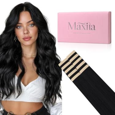 Imagem de MAXITA Extensões de cabelo humano com fita adesiva preta 55 cm, 30 g, 10 peças, extensão de cabelo humano reto, sem costura, extensões de cabelo real, fita adesiva para mulheres