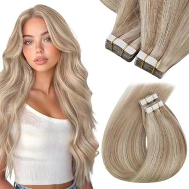Imagem de Sunny Hair Extensões de cabelo humano real com fita adesiva invisível Remy extensões de cabelo fitas para mulheres loiro acinzentado destaque loiro branqueador com matiz rosa 35,5 cm 40 peças 100 g