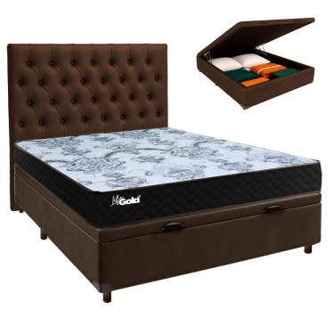 Imagem de Conjunto Cama Box Bau Marrom Casal + Colchão Molas Ensacadas Life Gold Paropas + Cabeceira