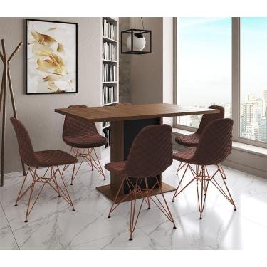 Imagem de Mesa Jantar Londres Retangular Amêndoa 137X90 Base Preta 6 Cadeiras Estofadas Caramelo Base Cobre