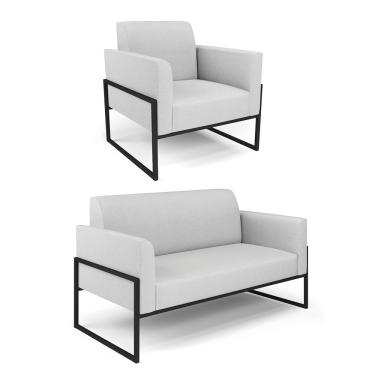 Imagem de Sofá Namoradeira com Poltrona Base Industrial Alta Preto Marisa Linho Cinza A05 D03 - D'Rossi