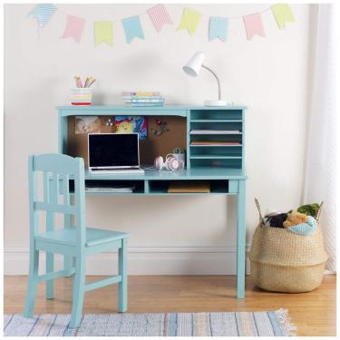 Imagem de Conjunto Mesa e Cadeira Infantil Guidecraft Madeira Cor Verde Azul com Prateleira, Quadro de Cortiça e Organização, Modelo Media Desk