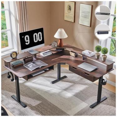 Imagem de Mesa Gamer em L Elétrica RedLemon Nogueira Escura 152 cm com Altura Ajustável, Gavetas, Bandeja Teclado, Tomadas e Luzes LED