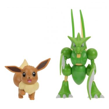 Imagem de Bonecos Pokémon Eevee 5 cm e Scyther 11,5 cm Jazwares com articulação e ataque de lâmina