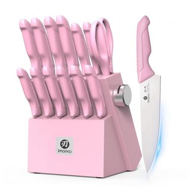 Imagem de Conjunto de Facas imarku 14 Peças com Bloco Rosa Aço Inoxidável Japonês Cabo Ergonômico