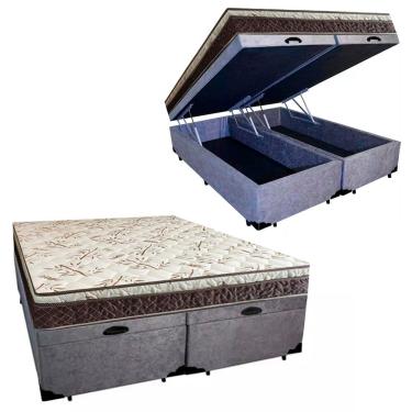 Imagem de Cama Box Baú Bipartido Casal Blindado Suede + Colchão Casal Espuma Extra Firme D33 Elegance Ortopédico 64x138x188 Cinza