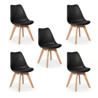 Imagem de Kit C-5 Cadeiras Leda  Charles Eames Saarinen Wood Com Almofada Preta 