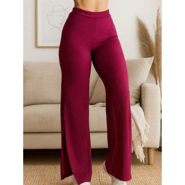 Imagem de Calça Feminina Wide Leg Pantalona Cintura Alta Tecido Canelado com Fen