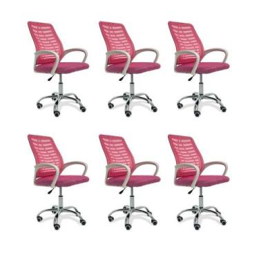 Imagem de Kit 6 Cadeiras De Escritório Esteirinha Mesh Ergonômica Giratória Rosa