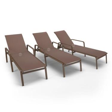 Imagem de Kit 3 Espreguiçadeiras Riviera Piscina Alumínio Marrom Tela - Aluv Móv
