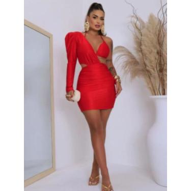 Imagem de Vestido Curto Cetim Com Top Manga Um Ombro Cor:VermelhoTamanho:P - Inn