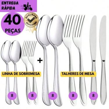Imagem de Kit 40 Talheres Inox Jogo Completo Aço Inoxidável 5 Faca 5 Colher 5 Ga