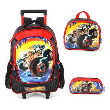 Imagem de Kit Mochila Rodinhas Original Hot Wheels Monster Trucks, Vermelho