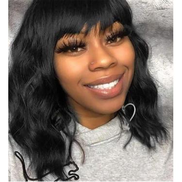 Imagem de Peruca Elfairy preta curta Bob Wavy Curly com franja 30cm