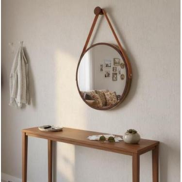 Imagem de Espelho Redondo Decorativo Suspenso Com Alça 50cm + Suporte Marrom Alç