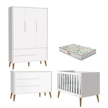 Imagem de Quarto de Bebê 3 Portas Theo Branco Pés Amadeirados com Colchão Gazin 