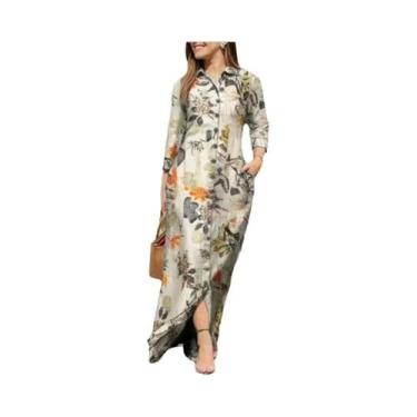 Imagem de Vestido Camisa Feminino Com Estampa Floral, Manga Longa, Botões, Taman