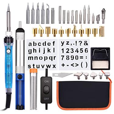 Imagem de Kiboule Conjunto de ferramentas para queima de madeira 38PCS Caneta profissional para pirografia com botão liga / desliga Conjunto de ferro de solda com temperatura ajustável de 200-450 ℃ para iniciantes