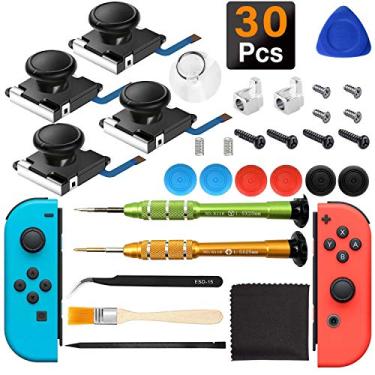 Imagem de iiwey Pacote com 4 unidades de reposição 3D Joystick Analog Thumb Stick para Nintendo Switch Joy-Con, vem com 2 unidades de trinco de metal e chaves de fenda originais Y1.5, substituição para interruptor Joycon Joystick para consertar drift.