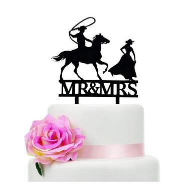 Imagem de Topo de bolo de casamento Mr & Mrs estilo fazendeiro, estilo sul, topo de bolo de casamento, cavalo rústico, topo de bolo de casamento, silhueta preta, topo de bolo (cavalo)