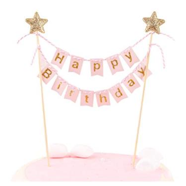 Imagem de Banner de bolo Happy Birthday – Bandeira de marfim com bandeira de pendente feita à mão com varas de madeira – Perfeito para bolos, bolos de donut, cupcakes e muito mais!, rosa