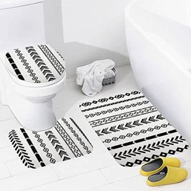Imagem de Conjunto de 3 peças de tapetes de banheiro geométricos tribais com flecha geométrica, tapete de banheiro antiderrapante, tapete de contorno e tampa para banheiro