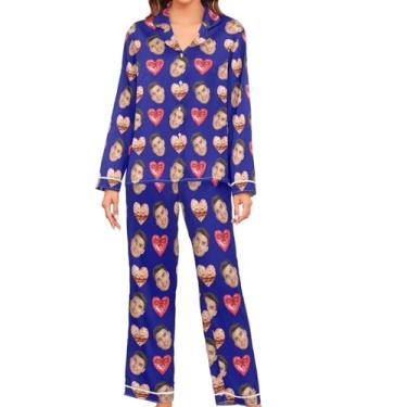 Imagem de JUNZAN Conjunto de pijama feminino de manga comprida personalizado vermelho rosa cetim 2 peças loungewear abotoado pijama feminino, Azul marinho, G