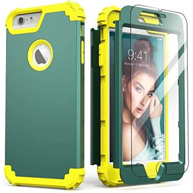 Imagem de IDweel Capa para iPhone 6S Plus com protetor de tela (vidro temperado), capa para iPhone 6 Plus, capa 3 em 1 à prova de choque fina híbrida resistente capa de policarbonato rígido de silicone macio, capa de corpo inteiro, grafite verde/amarelo