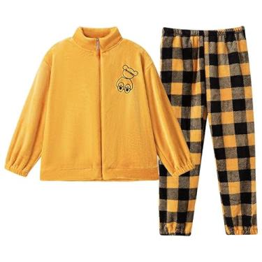 Imagem de LUBOSE Pijama feminino macio de manga comprida outono inverno pijama feminino pijama de lã coral quente pijama de flanela engrossada conjunto de 2 peças, Quadrado amarelo, GG