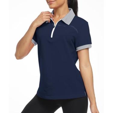 Imagem de Little Beauty Camisa polo feminina de golfe com zíper de manga curta atlética com absorção de umidade e gola polo com zíper, Azul marino, XXG