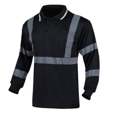 Imagem de FONIRRA Camiseta polo masculina Hi Vis Safety de alta visibilidade reflexiva para trabalho de construção, Preto_manga comprida, 3G