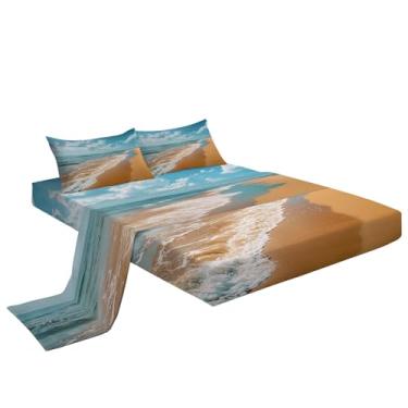 Imagem de Jogo de cama Queen com estampa de mar de praia de microfibra super macia, 4 peças, céu azul e nuvens brancas, 1 lençol com elástico, 1 jogo de lençol com 2 fronhas, 40 cm de profundidade para quarto