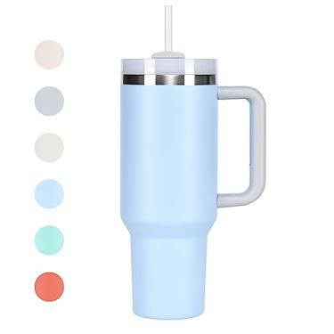 Imagem de Copo de 1,2 l com alça, palha, tampa, garrafa de água isolada a vácuo de aço inoxidável caneca de viagem aventura para café gelado, chá e bebidas quentes ou frias, azul celeste