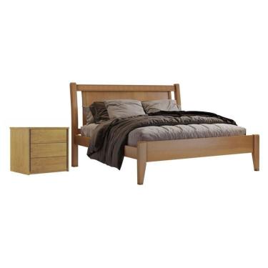 Imagem de Conjunto Cama de Casal 160cm Florença e Mesa de Cabeceira 3 Gavetas Unique Amêndoa Mel