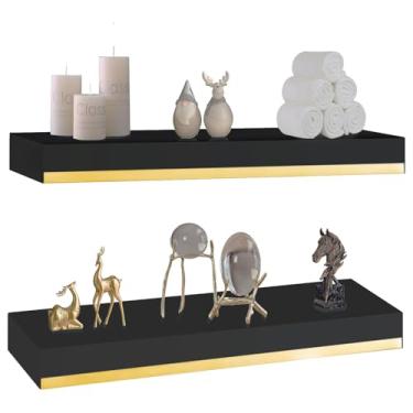 Imagem de Prateleiras grossas pretas e douradas de 4,8 cm com suporte espesso de 1/5 polegada, prateleiras pretas e douradas de madeira de pinheiro 40,6 cm x 16,5 pol. Prateleiras flutuantes pretas com tiras de